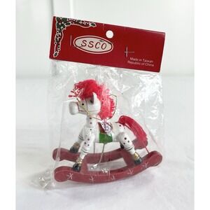 New Vintage 1980's SSCO Wood Rocking Horse Christmas Tree Ornament White & Red